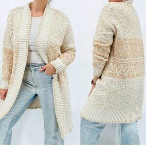Joie Long Line Duster Aztec Subtle Print Neutral Cardigan Sweater Size M